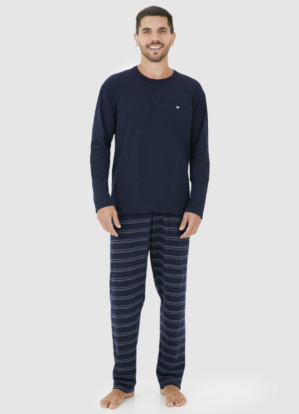 Malwee - Pijama Longo Listrado com Bordado Azul