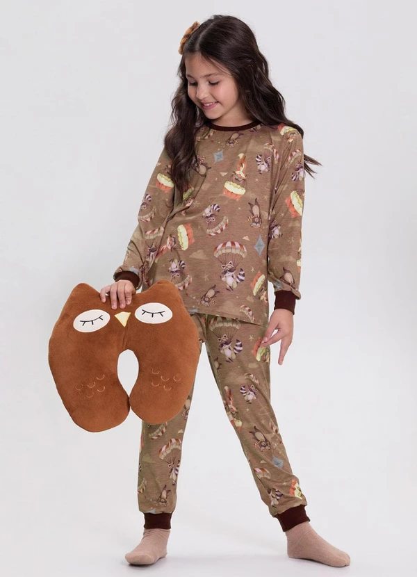 Alakazoo - Pijama Estampado com Blusa e Calça Marrom