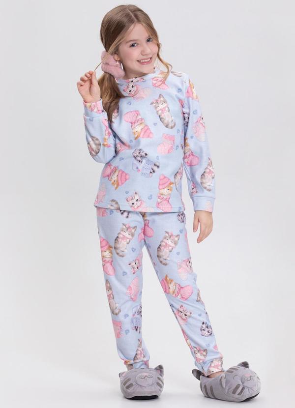 Alakazoo - Pijama Estampado Menina em Malha Microsoft Azul