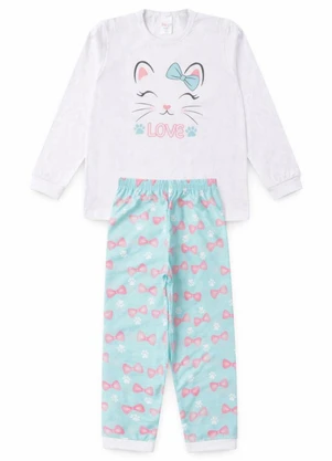 Atelie da Crianca - Pijama Feminino Inverno Gatinha Coração Branco - ATELIE DA CRIANCA