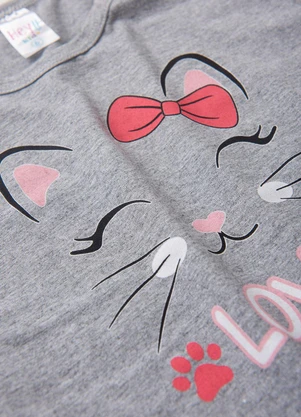 Atelie da Crianca - Pijama Feminino Inverno Gatinha Coração Cinza - ATELIE DA CRIANCA