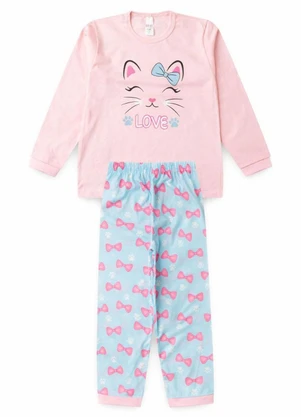 Atelie da Crianca - Pijama Feminino Inverno Gatinha Coração Rosa - ATELIE DA CRIANCA