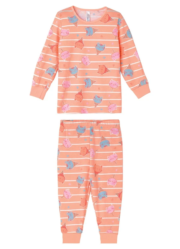 Malwee Kids - Pijama Gatinhos que Brilha no Laranja Pastel