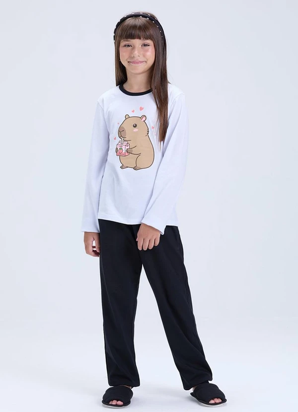 Vida Costeira - Pijama Infantil Feminino Capivara Algodão Branco