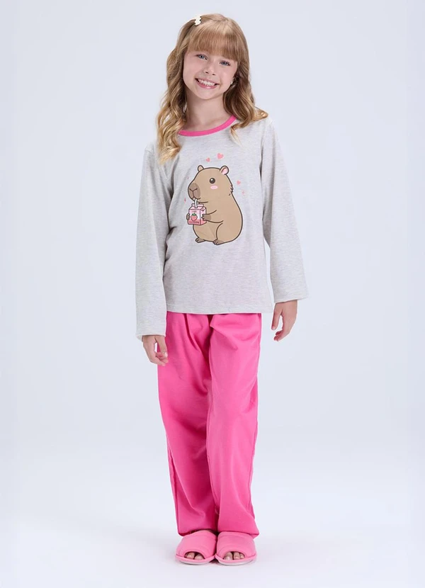 Vida Costeira - Pijama Infantil Feminino Capivara Algodão Branco