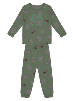 Brandili - Pijama Infantil Gatinho Brilha no Escuro Verde - BRANDILI