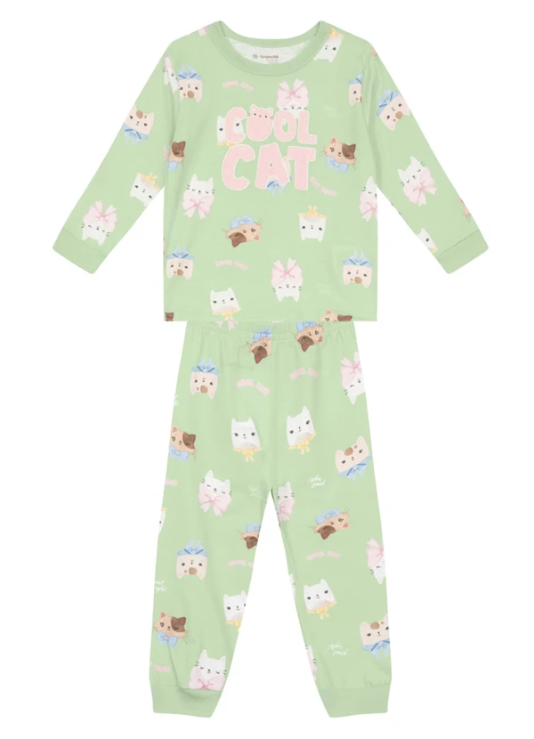 Brandili - Pijama Infantil Gatinho Brilha no Escuro Verde