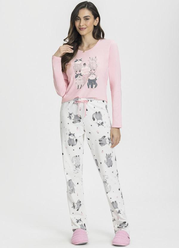 Mensageiro do Sonhos - Pijama Longo Rosa com Estampa de Gatos Bege