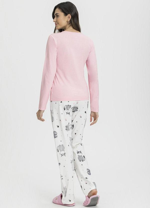 Mensageiro do Sonhos - Pijama Longo Rosa com Estampa de Gatos Bege 2