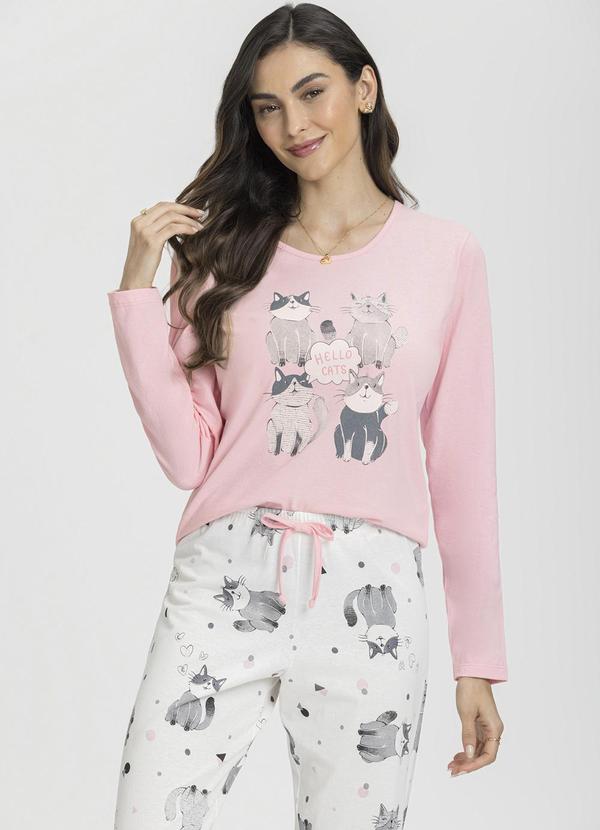 Mensageiro do Sonhos - Pijama Longo Rosa com Estampa de Gatos Bege 3