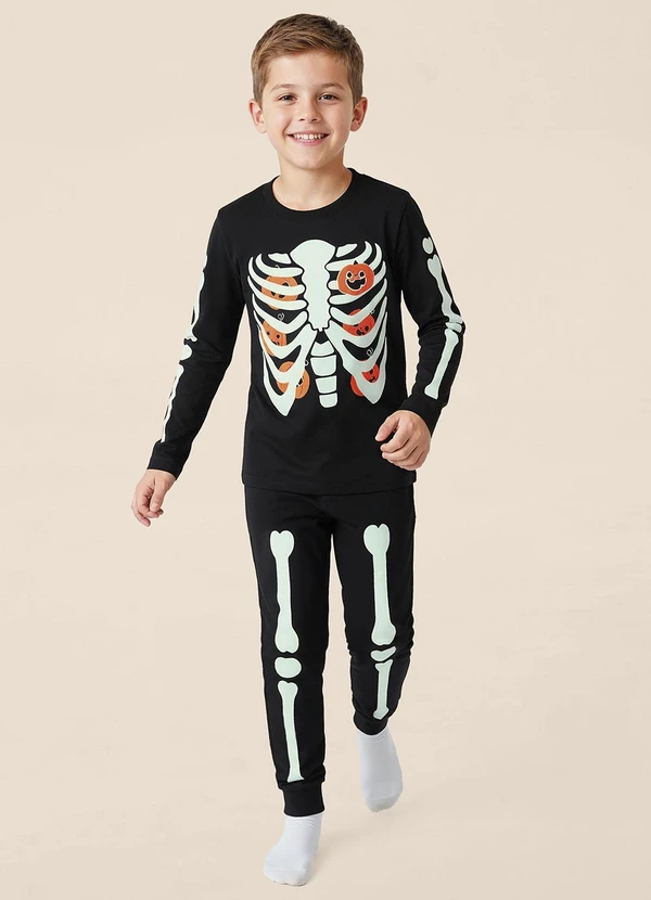 Malwee Kids - Pijama Unissex Esqueleto Glow Preto