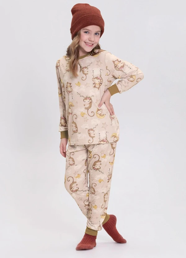 Alakazoo - Pijama Unissex Estampado com Blusa e Calça Bege