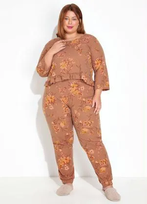 Marguerite - Pijama Cropped Floral Marrom - MARGUERITE