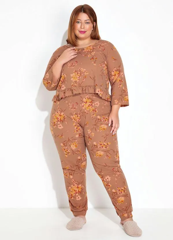 Marguerite - Pijama Cropped Floral Marrom