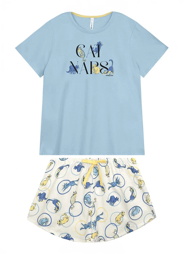Malwee - Pijama Curto Cats Naps Azul Claro