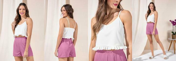 Pijama Curto com Babado na Blusa Ros/Off White