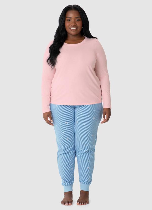 Malwee - Pijama Listrado Feminino Plus Rosa