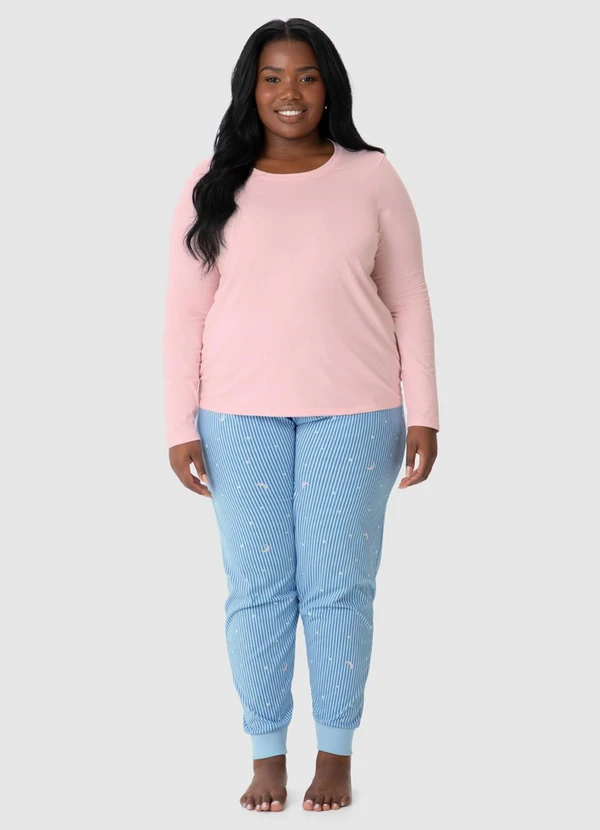 Malwee - Pijama Listrado Feminino Plus Rosa