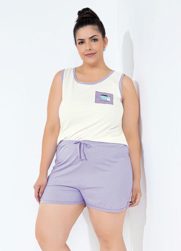 Marguerite - Pijama Regata com Estampa de Bolso Off/Lilás 1