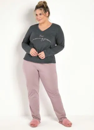 Marguerite - Pijama Rosa/Mescla Chumbo com Estampa Frontal - MARGUERITE