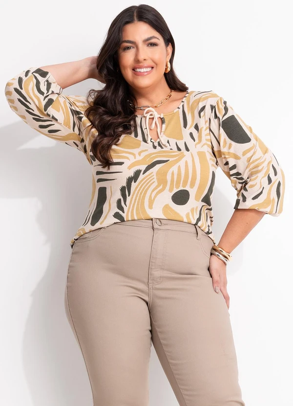 Marguerite - Blusa Abstrato Bege em Malha de Viscose