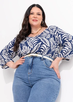 Marguerite - Blusa Folhagem Azul Viscose com Elastano - MARGUERITE