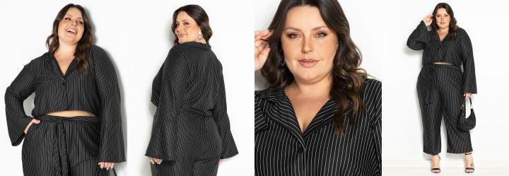 Blazer Cropped Risca de Giz Preto Plus Size