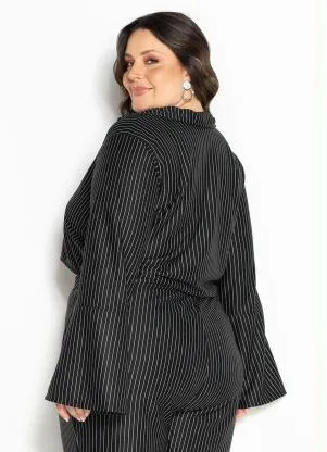 Marguerite - Blazer Cropped Risca de Giz Preto Plus Size - MARGUERITE