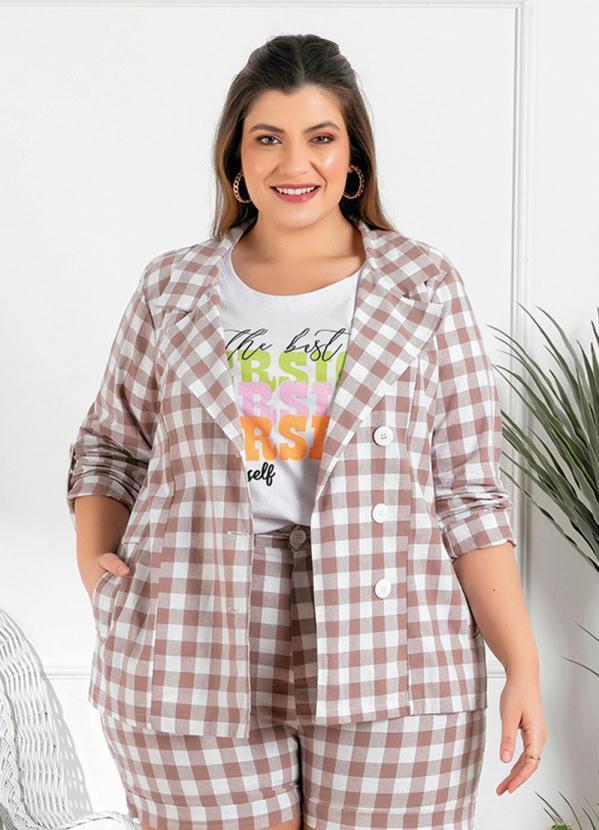 Mink - Blazer Plus Size Xadrez Marrom com Bolsos