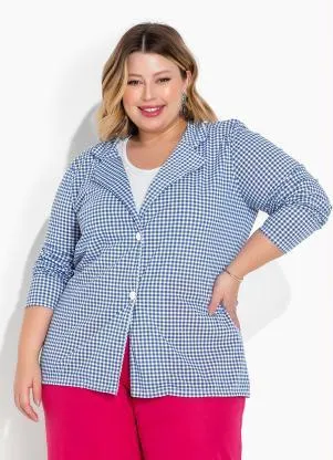 Marguerite - Blazer Xadrez Vichy Azul com Botões Plus Size - MARGUERITE