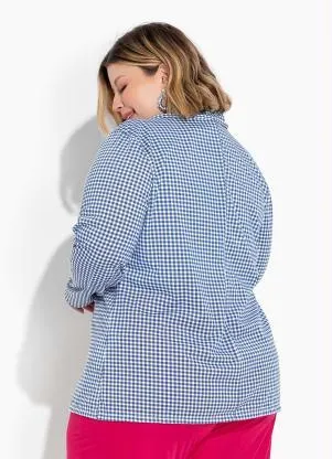 Marguerite - Blazer Xadrez Vichy Azul com Botões Plus Size - MARGUERITE