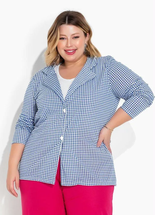 Marguerite - Blazer Xadrez Vichy Azul com Botões Plus Size