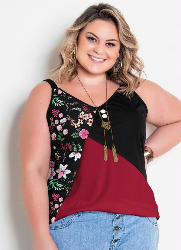 Blusa de Alas (Floral Vermelha e Preta) Plus Size