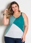Blusa de Alas Turquesa e Branco Plus Size
