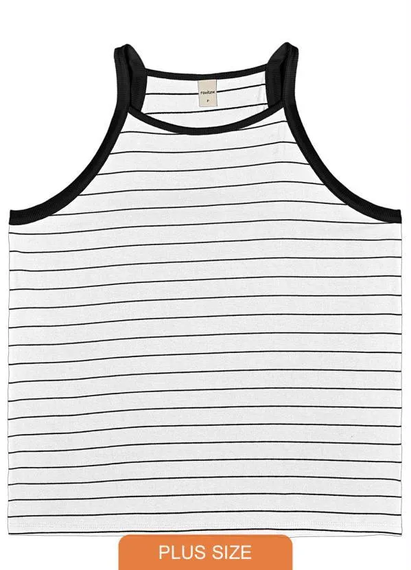 Rovitex Plus Size - Blusa Feminina de Alça Listras Branco