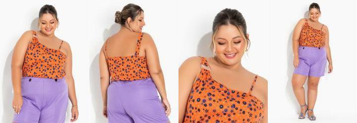 Blusa Floral Laranja Assimtrica Plus Size