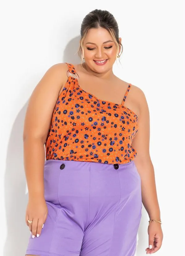 Marguerite - Blusa Floral Laranja Assimétrica Plus Size