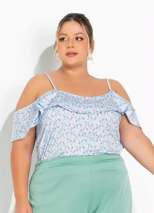 Marguerite - Blusa Floral Liberty Azul com Babado Plus Size - MARGUERITE