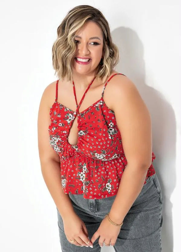 Blusa Floral Vermelho Frente Única Plus Size Queima de Estoque