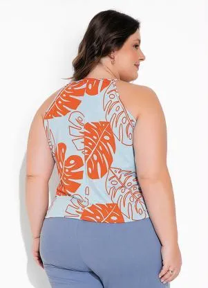 Marguerite - Blusa Folhas Azul Transpassada Plus Sizeok - MARGUERITE