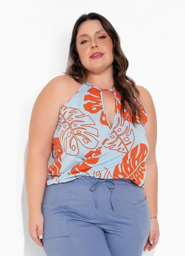 Marguerite - Blusa Folhas Azul Transpassada Plus Sizeok