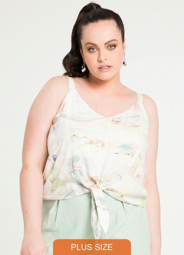 Lunender Mais Mulher - Blusa Plus Size Estampada com Amarração Branco