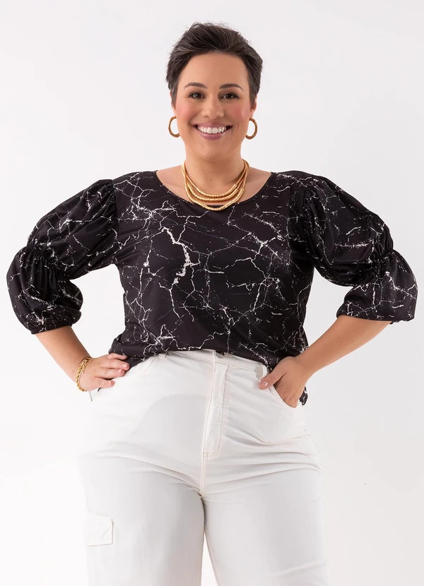 Marguerite - Blusa Abstrato Preto em Jersey Acetinado