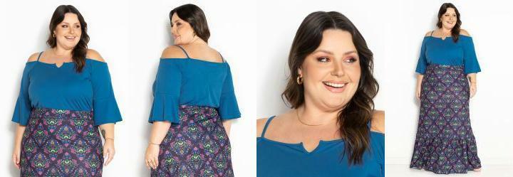 Blusa Azul com Mangas Flare e Alas Plus Size