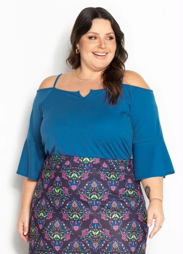 Marguerite - Blusa Azul com Mangas Flare e Alças Plus Size