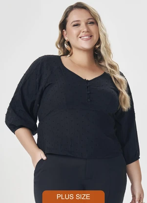 Lisamour - Blusa Decote V com Botões e Manga 3/4 Preta - LISAMOUR