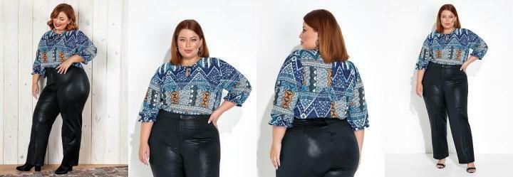 Blusa tnica Azul Amarrao no Decote Plus Size