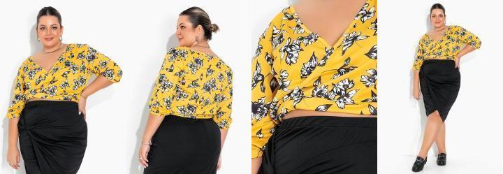 Blusa Floral Amarela Transpassada Plus Size