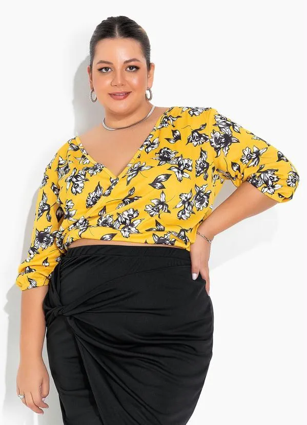 Marguerite - Blusa Floral Amarela Transpassada Plus Size