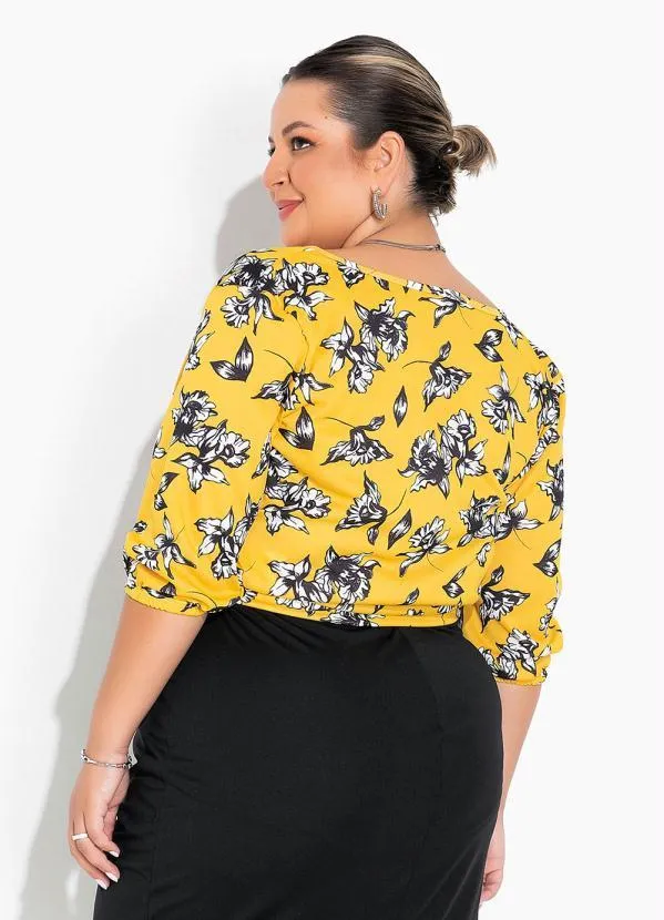 Marguerite - Blusa Floral Amarela Transpassada Plus Size 2